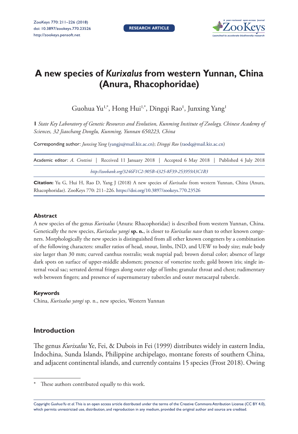 A New Species of Kurixalus from Western Yunnan, China (Anura, Rhacophoridae)