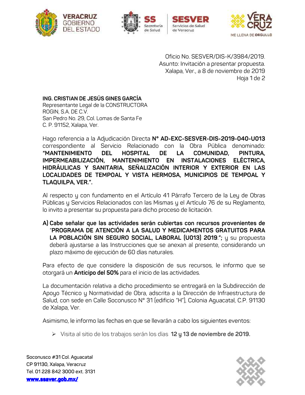 Oficio No. SESVER/DIS-K/3984/2019. Asunto: Invitación a Presentar Propuesta