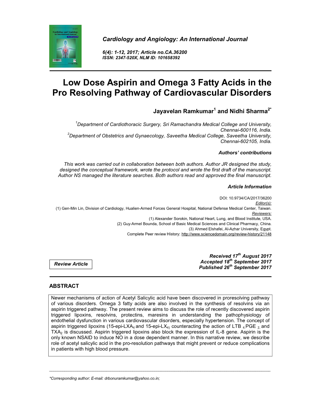 Low Dose Aspirin and Omega 3 Fatty Acids in the Pro Resolving Pathway of Cardiovascular Disorders