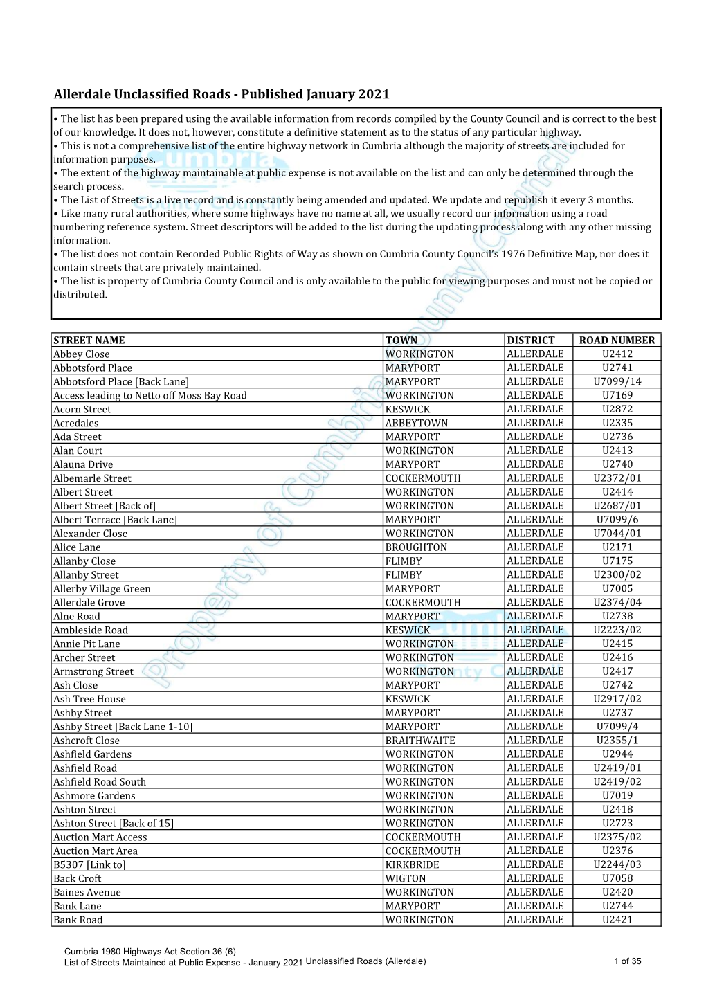 Allerdale Unclassified Roads - Published January 2021