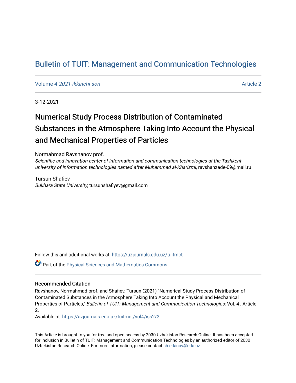 Numerical Study Process Distribution of Contaminated Substances in the Atmosphere Taking Into Account the Physical and Mechanical Properties of Particles