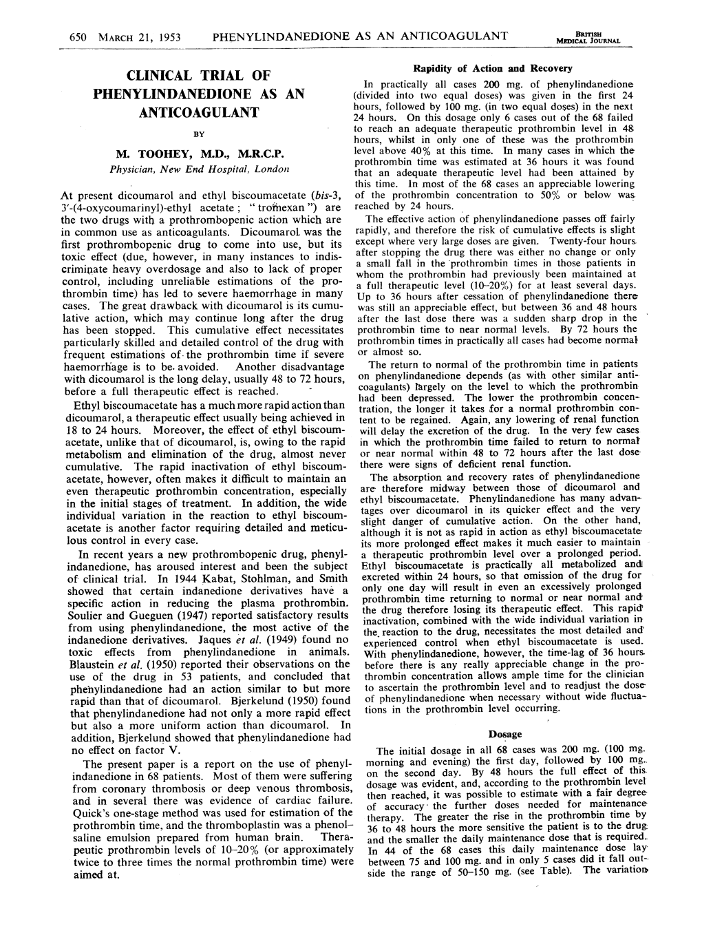 Phenylindalnedione As an Anticoagulant