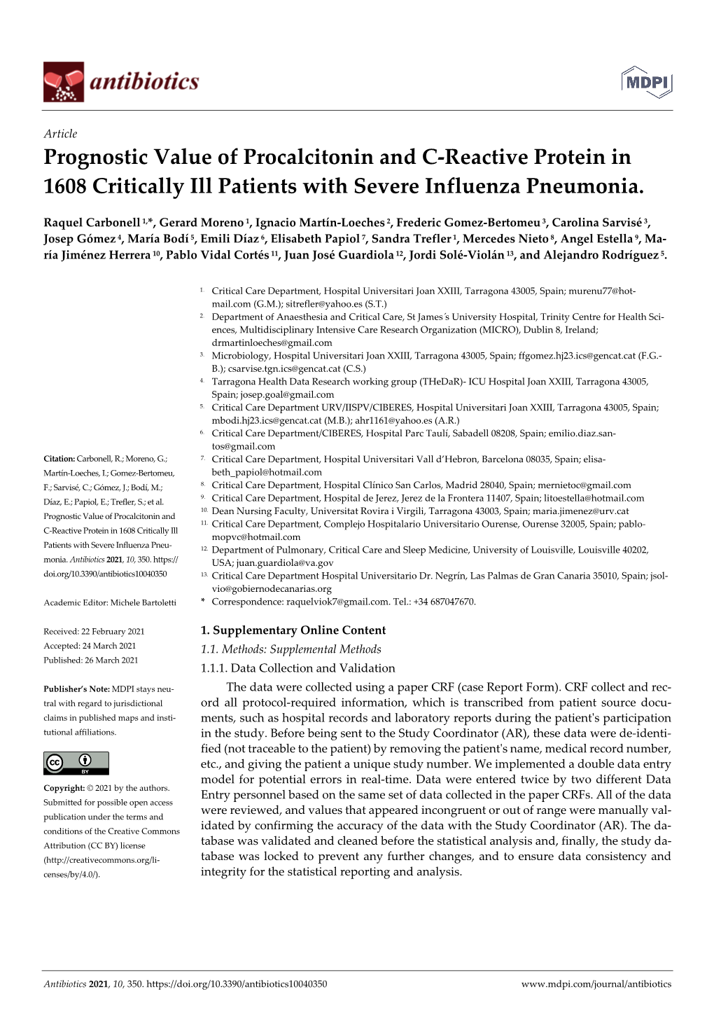 Prognostic Value of Procalcitonin and C-Reactive Protein in 1608 Critically Ill Patients with Severe Influenza Pneumonia