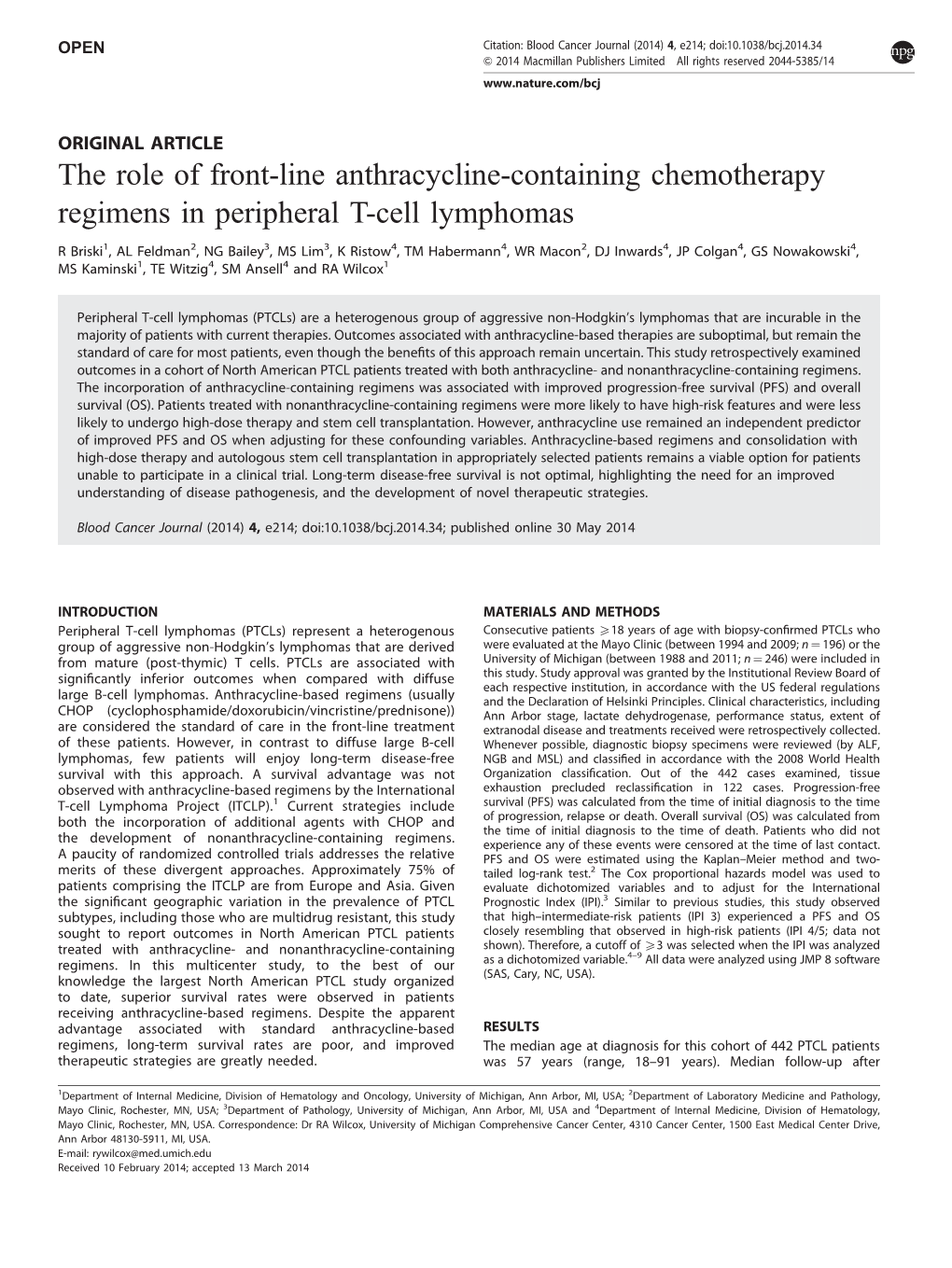 The Role of Front-Line Anthracycline-Containing Chemotherapy Regimens in Peripheral T-Cell Lymphomas