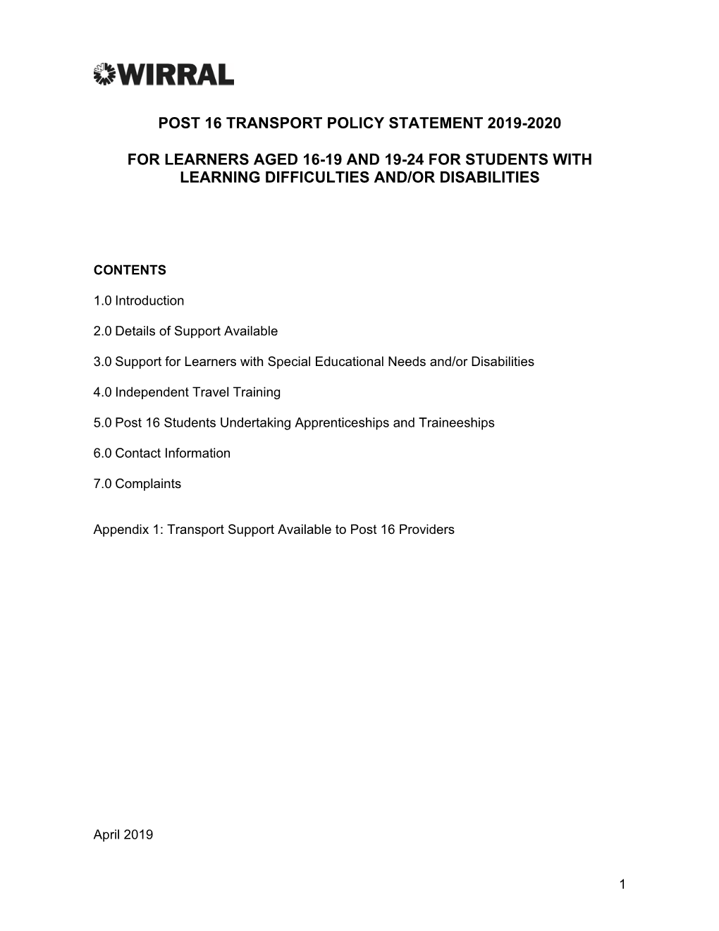 Transport Policy Statement 2019 for Young People Over 16