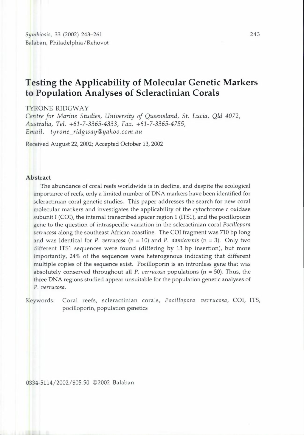Testing the Applicability of Molecular Genetic Markers to Population Analyses of Scleractinian Corals