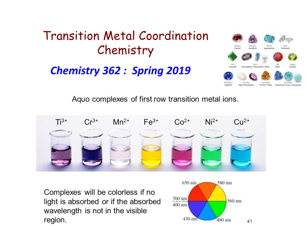 Transition Metal Coordination Chemistry Chemistry 362 : Spring 2019 Electronic Configurations of Metal Ions