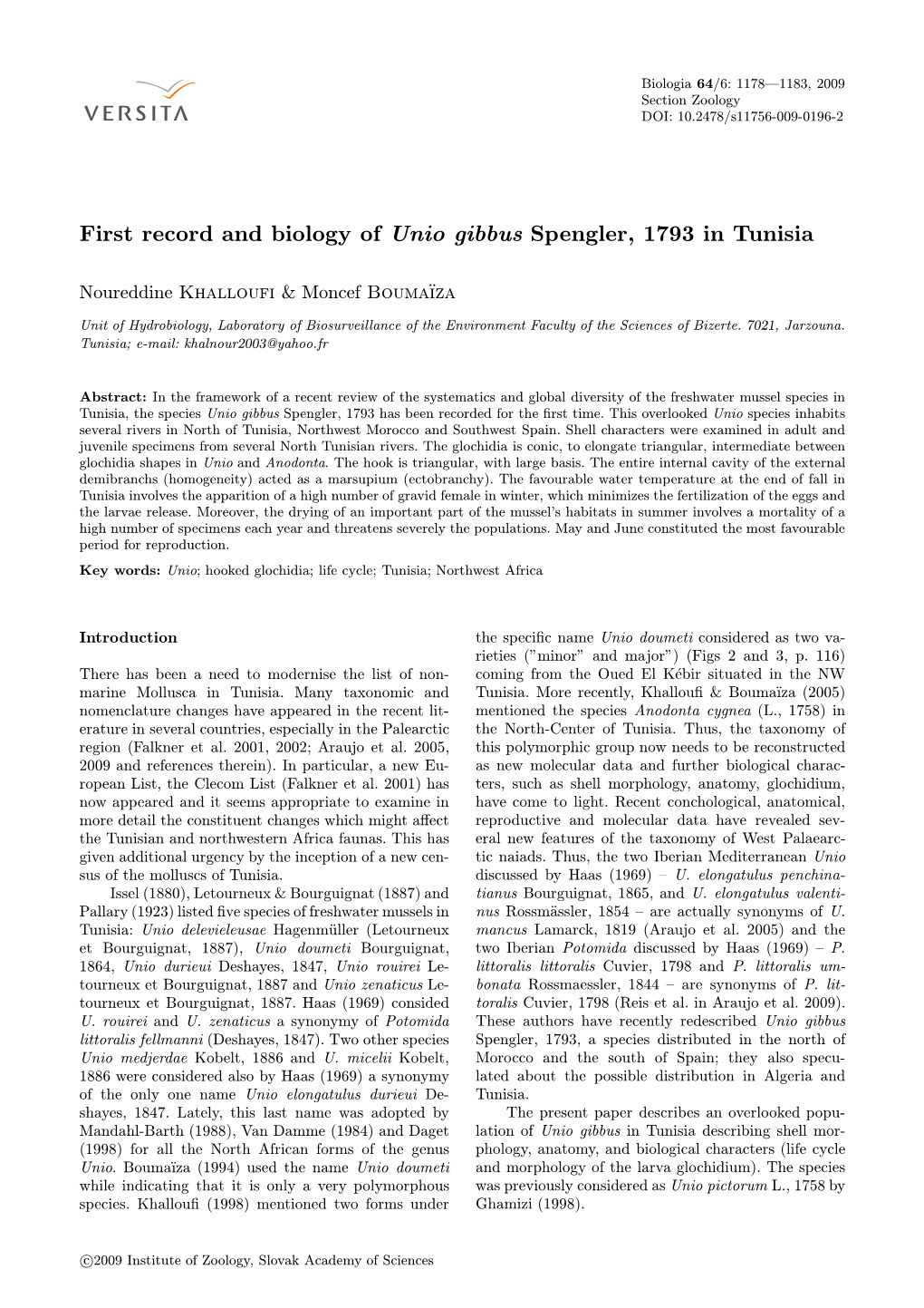First Record and Biology of Unio Gibbus Spengler, 1793 in Tunisia