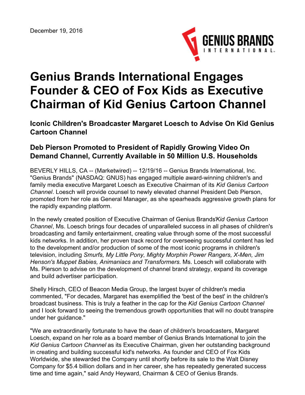 Genius Brands International Engages Founder & CEO of Fox Kids