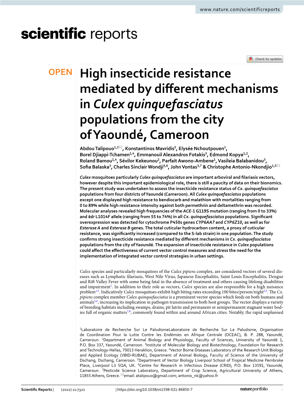 High Insecticide Resistance Mediated by Different Mechanisms in Culex