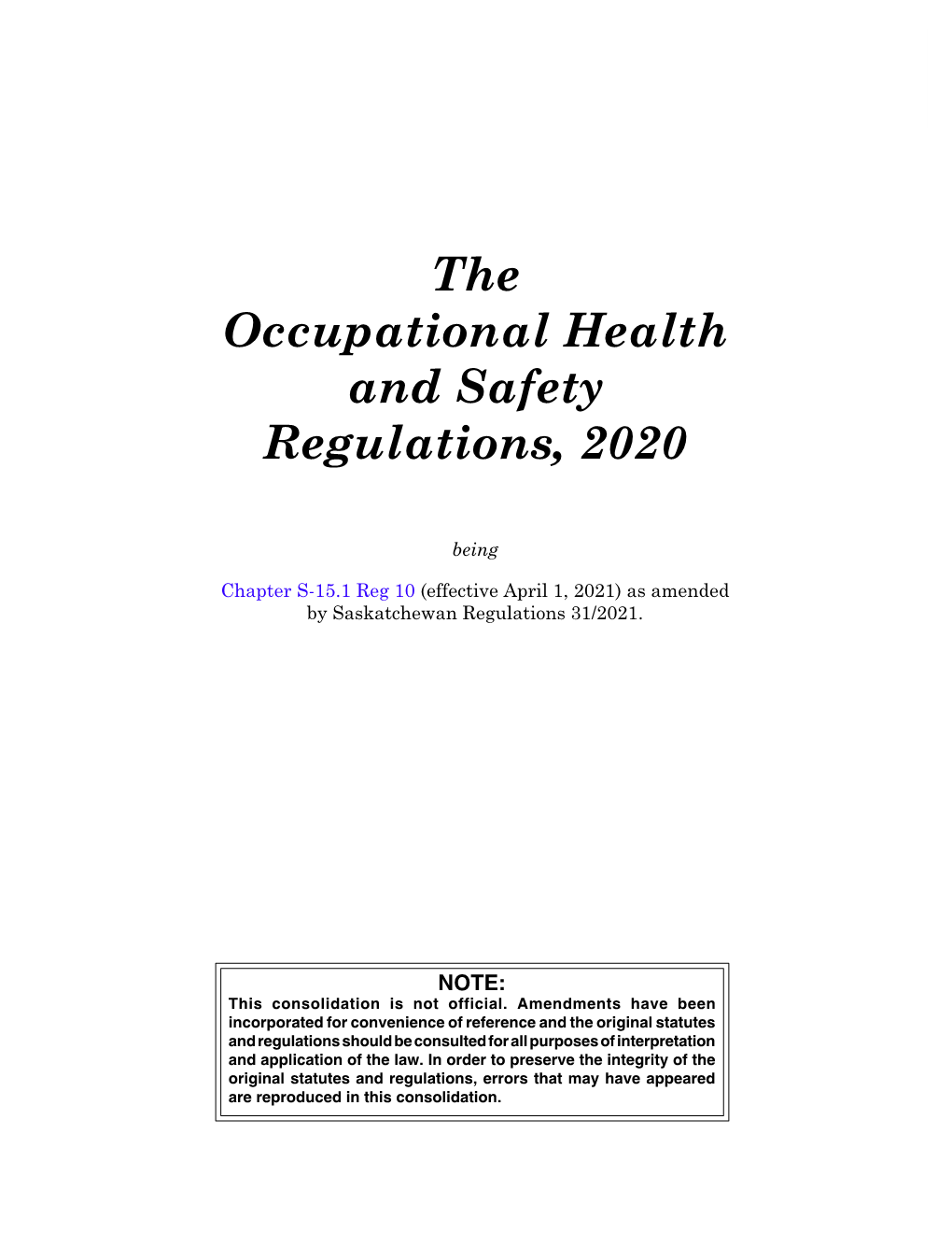 Occupational Health and Safety Regulations, 2020