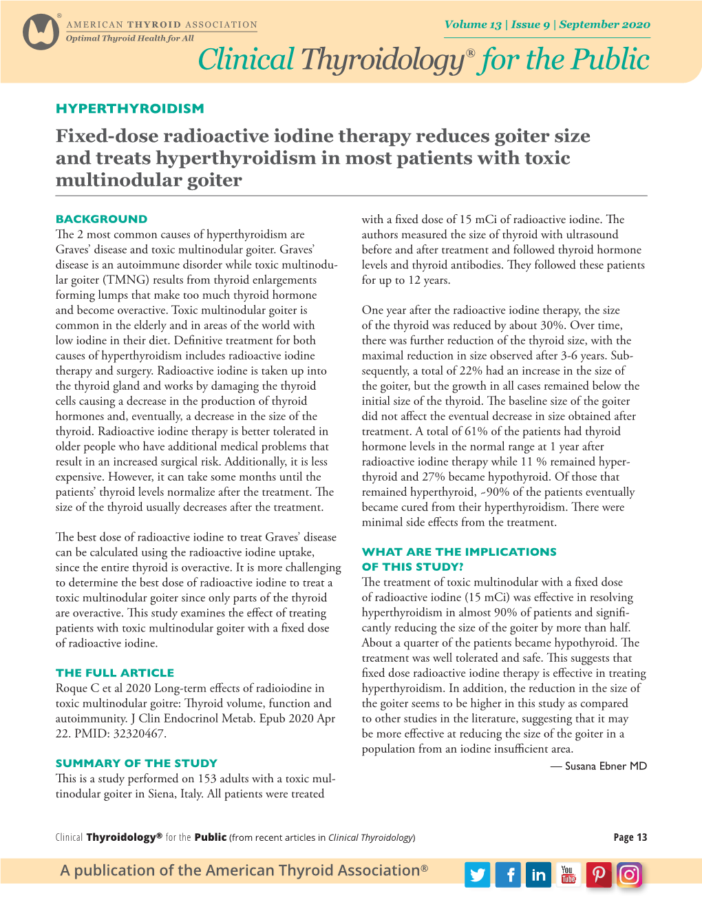 Fixed-Dose Radioactive Iodine Therapy Reduces Goiter Size and Treats Hyperthyroidism in Most Patients with Toxic Multinodular Goiter