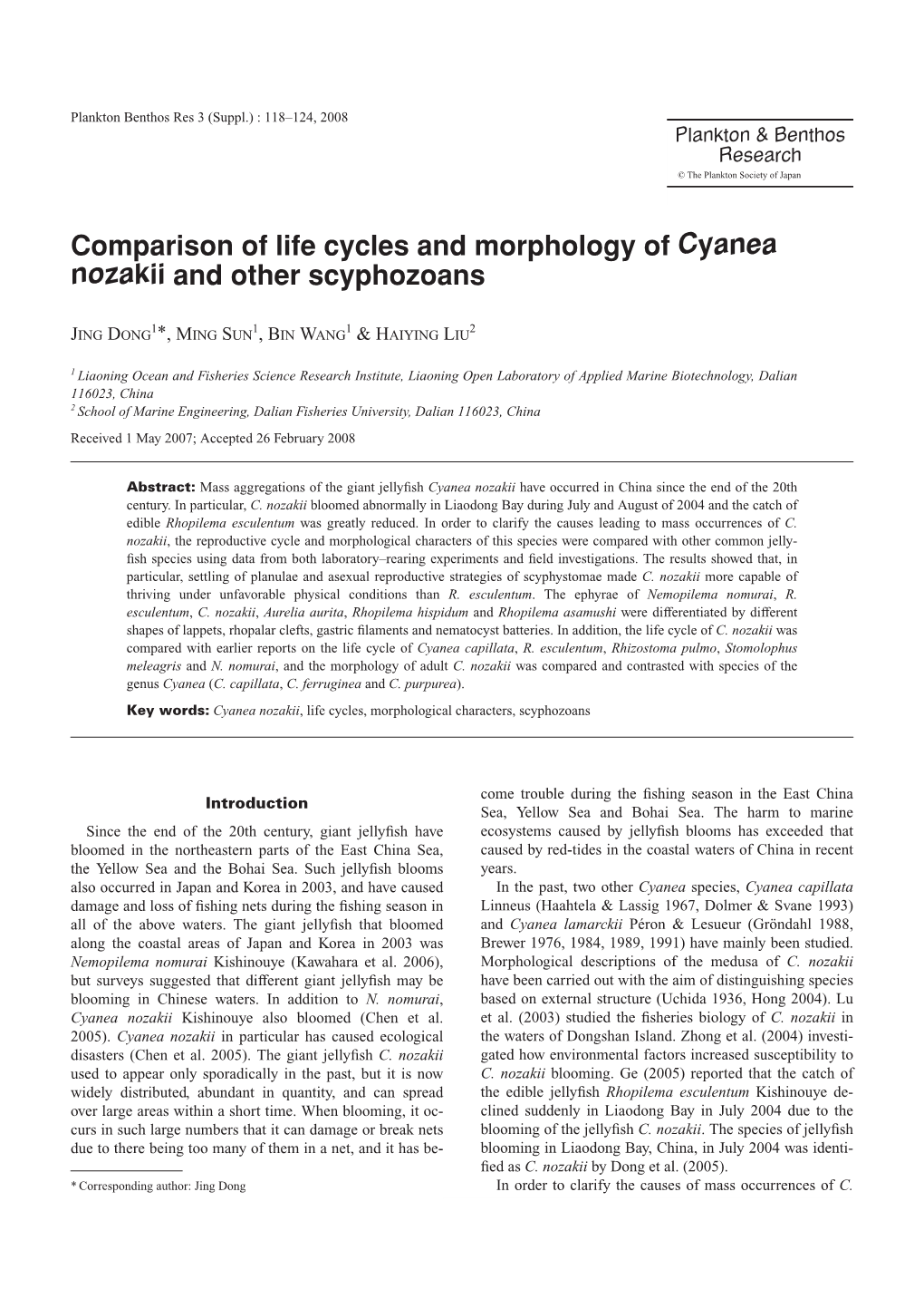 Comparison of Life Cycles and Morphology of Cyanea Nozakii and Other Scyphozoans