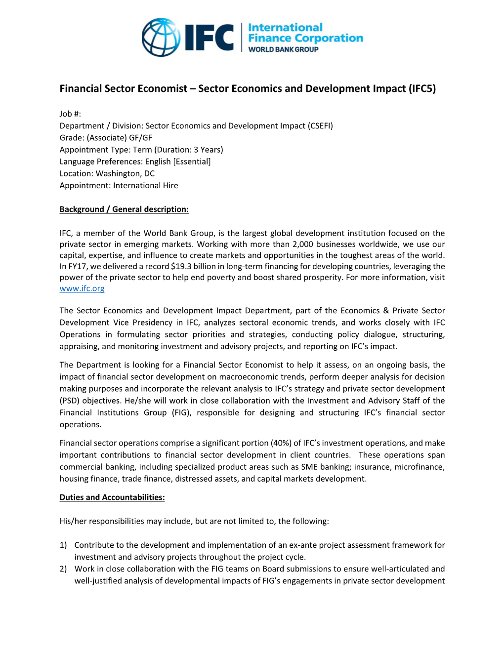 Financial Sector Economist – Sector Economics and Development Impact (IFC5)