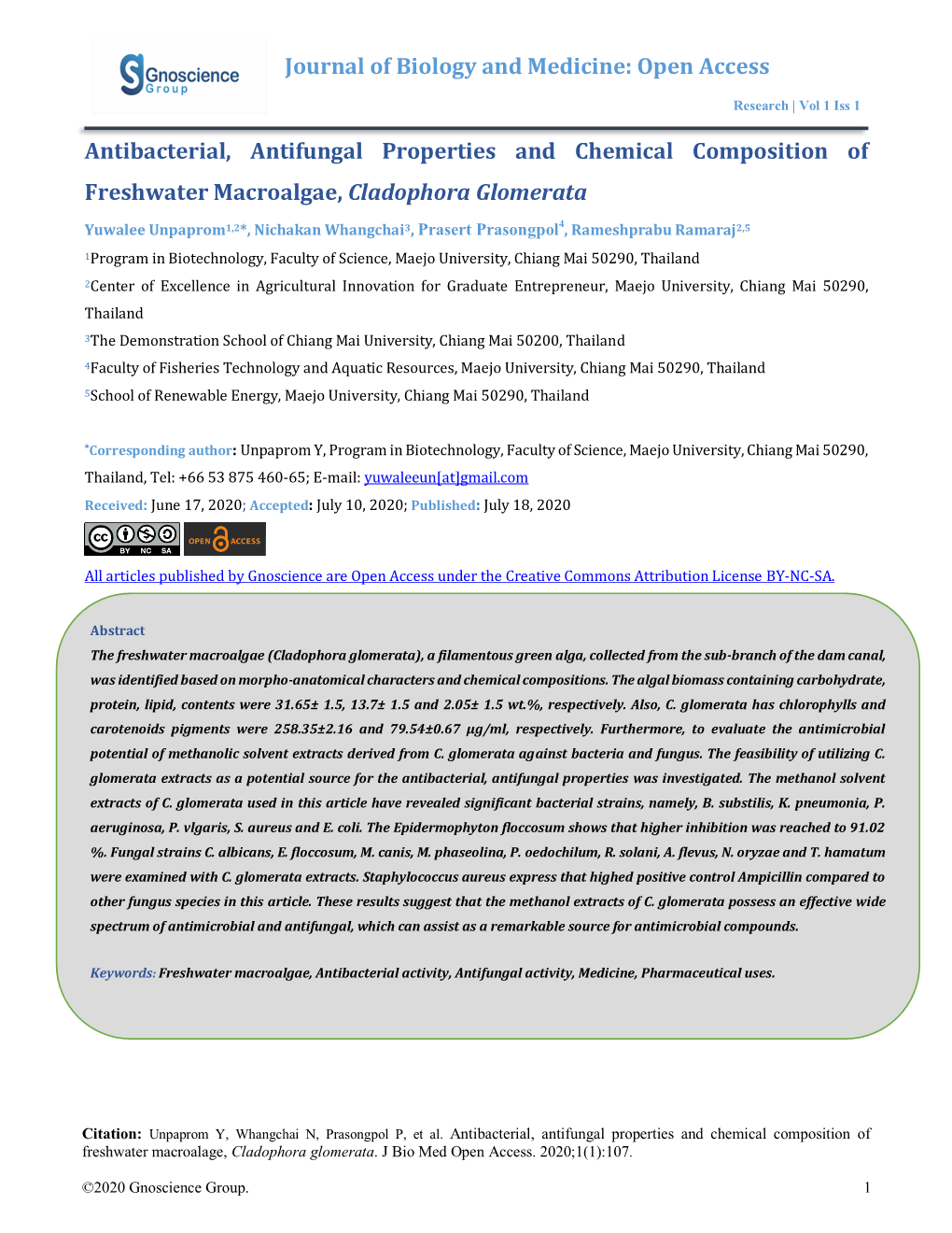 Antibacterial, Antifungal Properties and Chemical Composition of Freshwater Macroalgae, Cladophora Glomerata