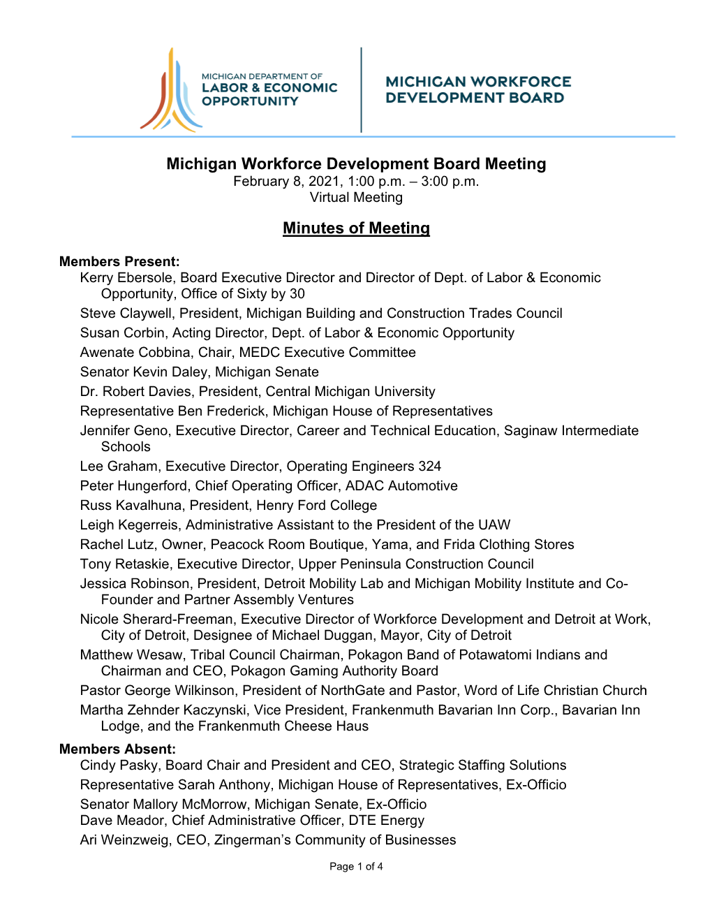 Michigan Workforce Development Board Meeting Minutes of Meeting