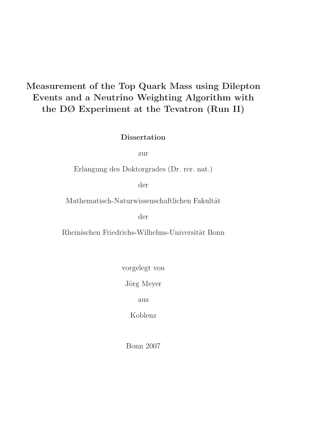 Measurement of the Top Quark Mass Using Dilepton Events and a Neutrino Weighting Algorithm with the DØ Experiment at the Tevatron (Run II)