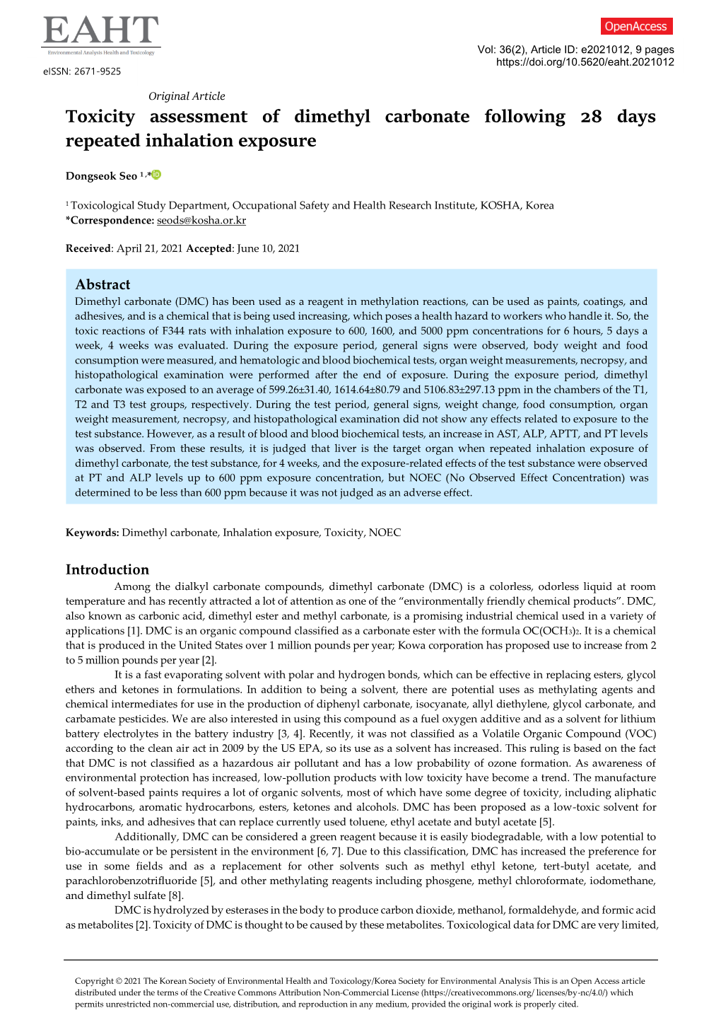 Toxicity Assessment of Dimethyl Carbonate Following 28 Days Repeated Inhalation Exposure