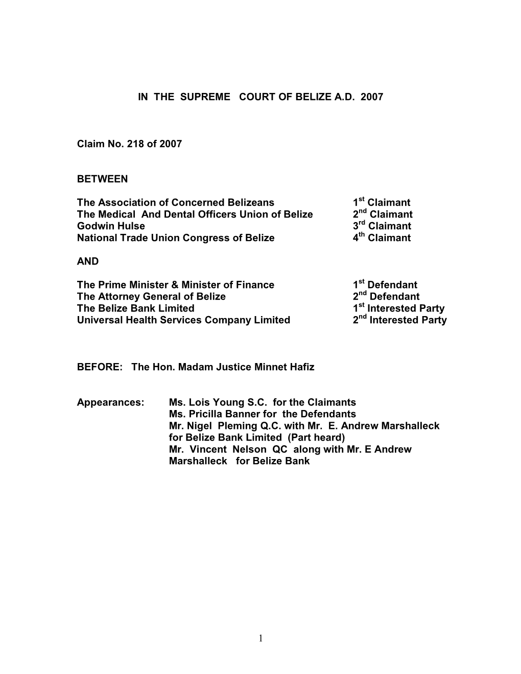 Supreme Court Claim No. 218 of 2007