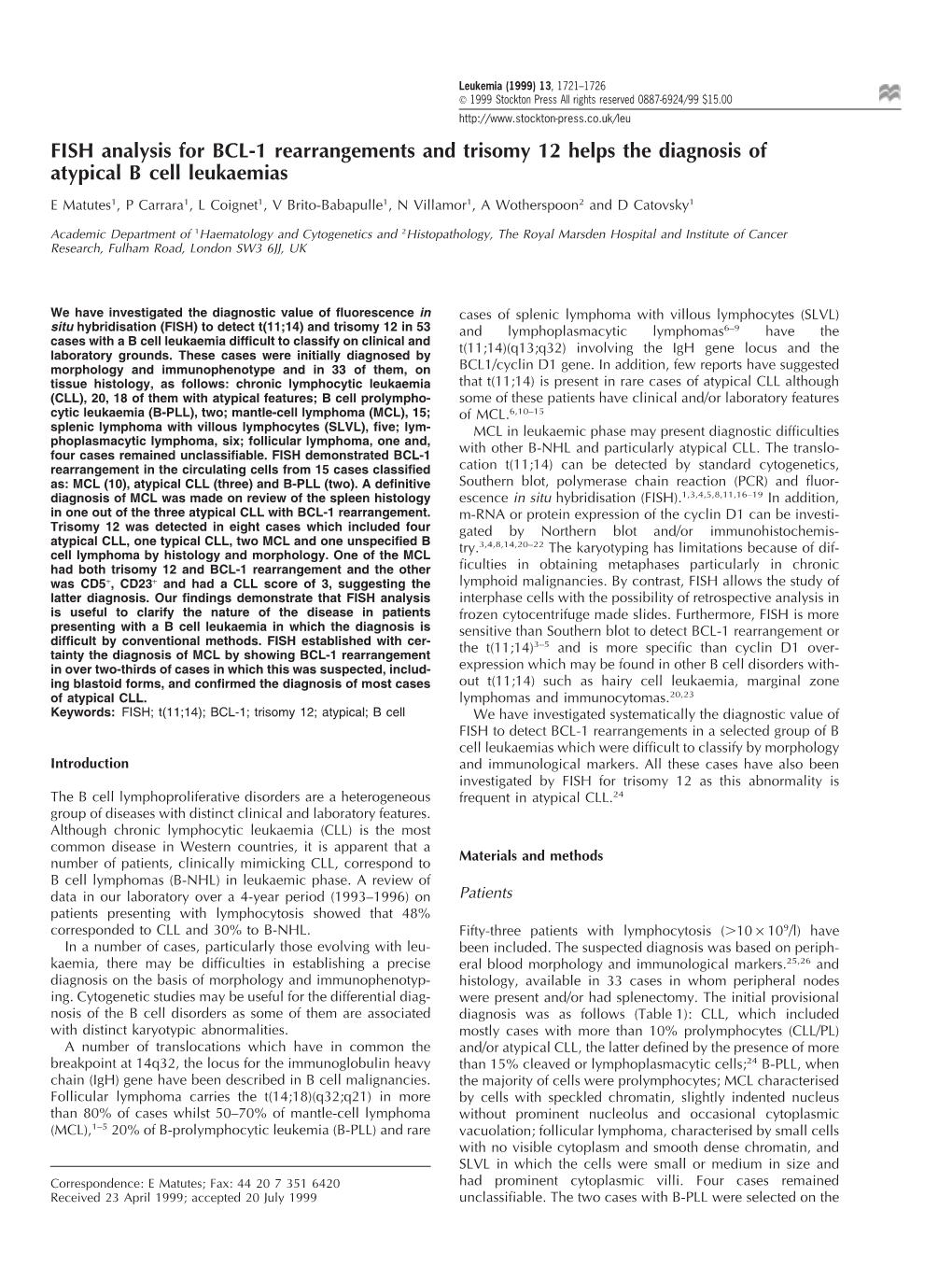 FISH Analysis for BCL-1 Rearrangements and Trisomy 12