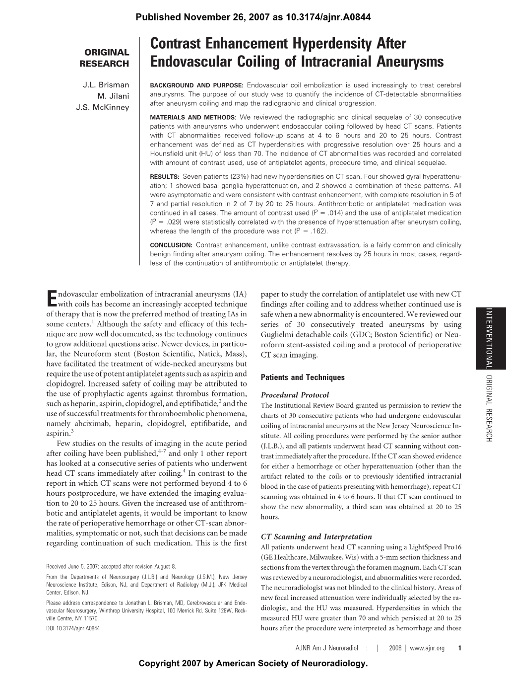 Contrast Enhancement Hyperdensity After Endovascular Coiling of Intracranial Aneurysms