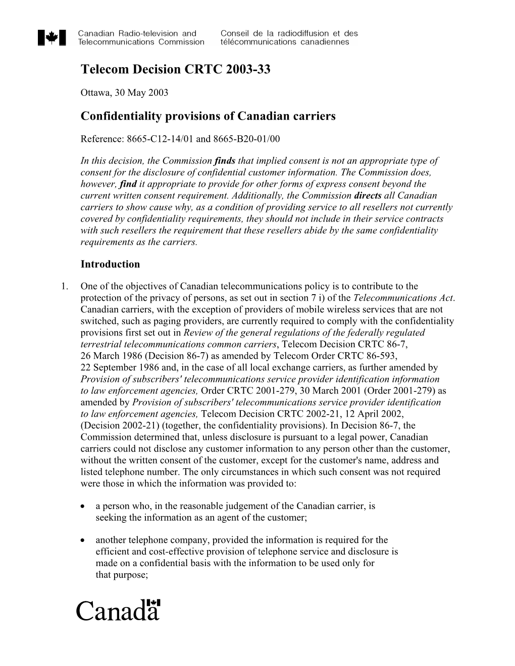 Confidentiality Provisions of Canadian Carriers