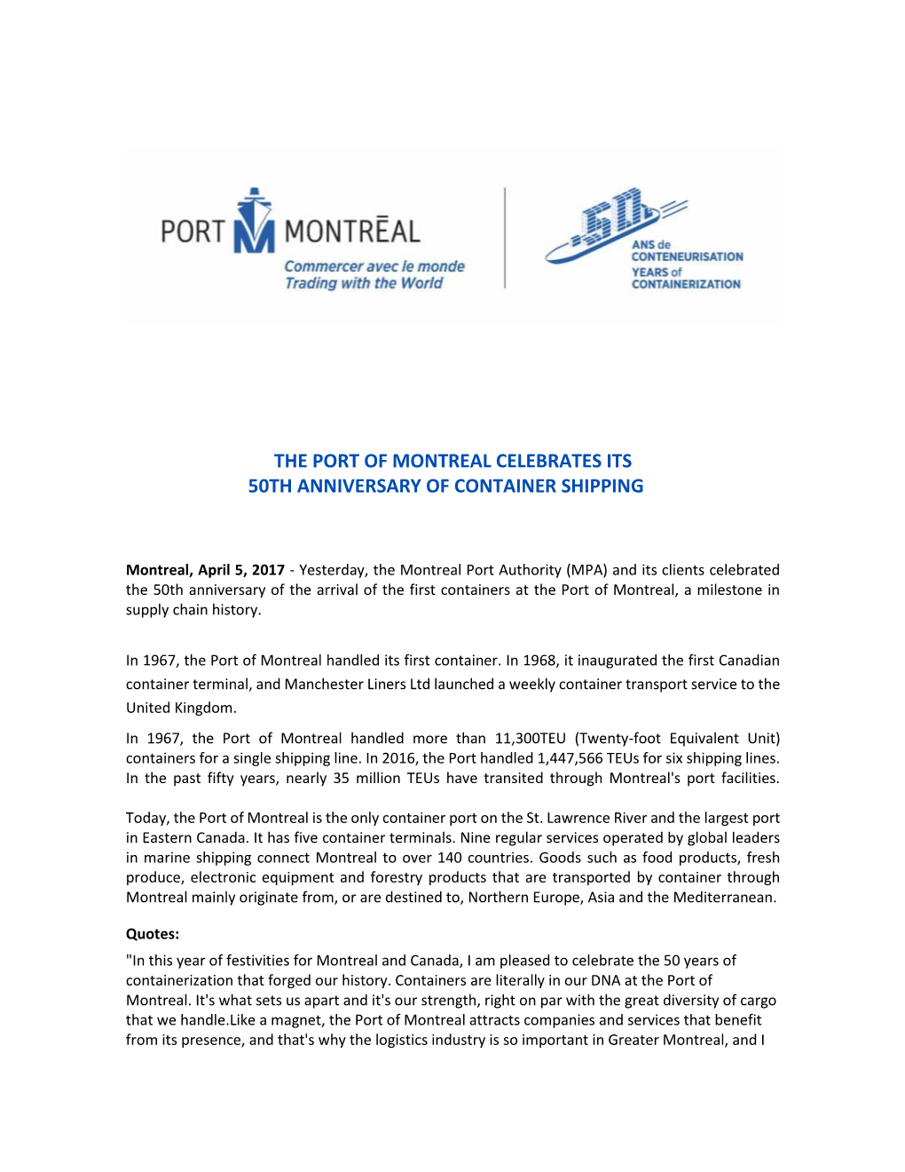 The Port of Montreal Celebrates Its 50Th Anniversary of Container Shipping