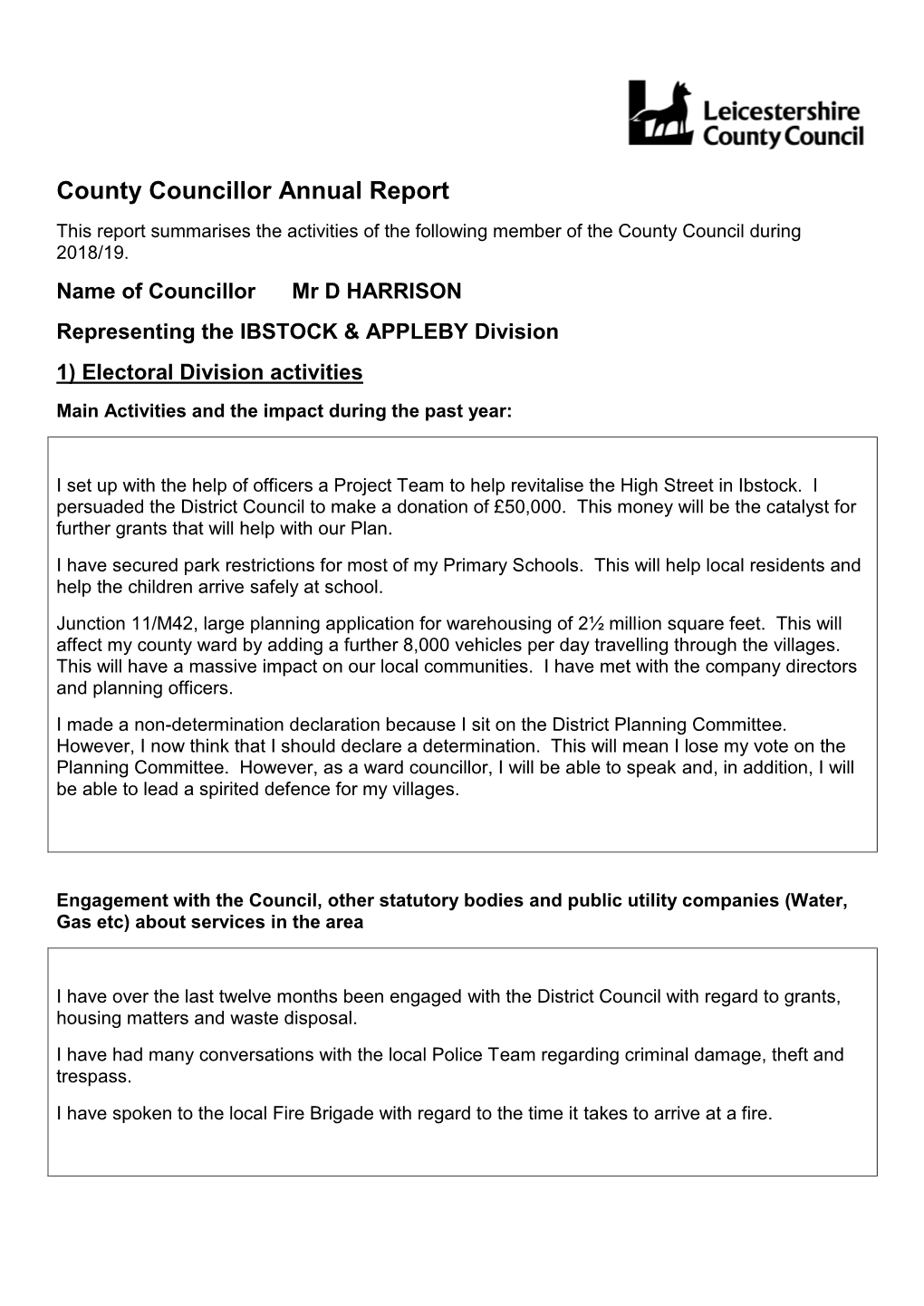 County Councillor Annual Report This Report Summarises the Activities of the Following Member of the County Council During 2018/19
