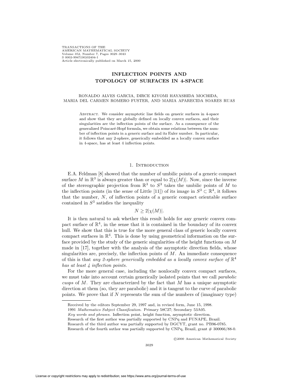 Inflection Points and Topology of Surfaces in 4-Space