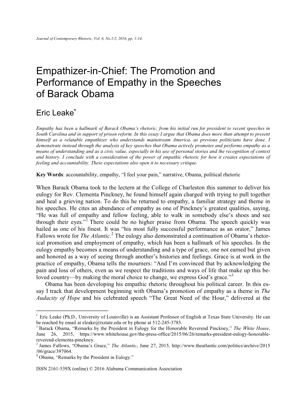 Empathizer-In-Chief: the Promotion and Performance of Empathy in the Speeches of Barack Obama