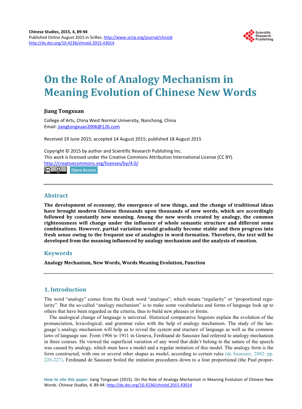 On the Role of Analogy Mechanism in Meaning Evolution of Chinese New Words