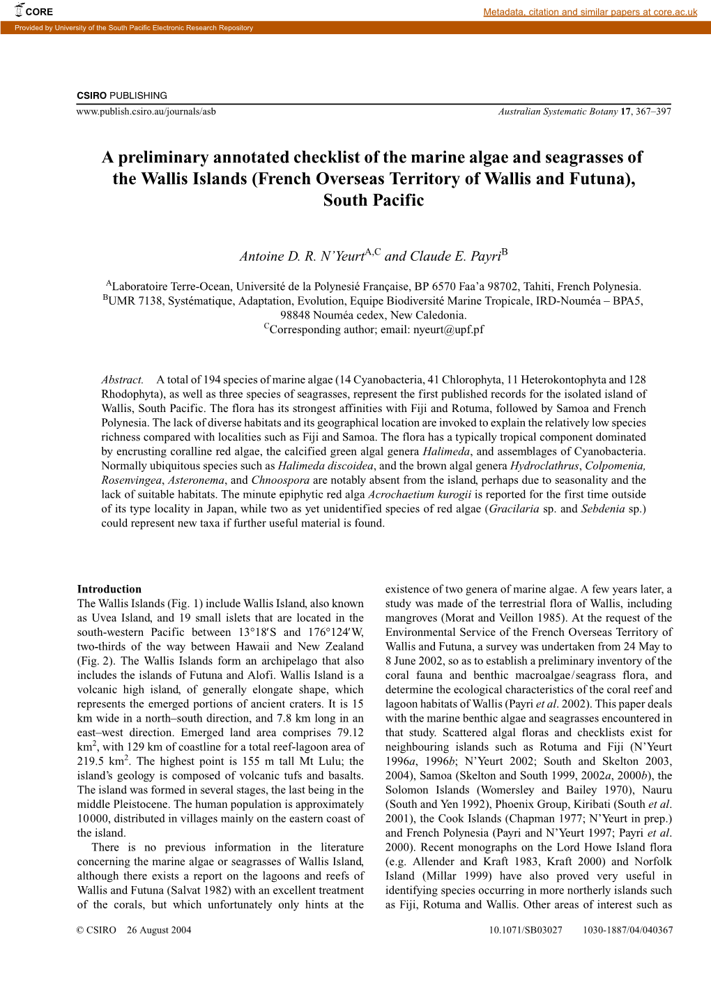 A Preliminary Annotated Checklist of the Marine Algae and Seagrasses of the Wallis Islands (French Overseas Territory of Wallis and Futuna), South Pacific