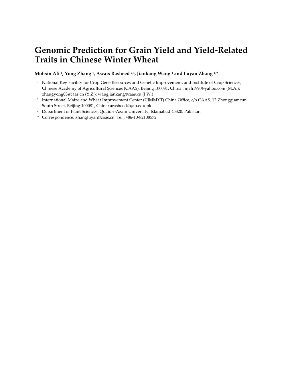 Genomic Prediction for Grain Yield and Yield-Related Traits in Chinese Winter Wheat