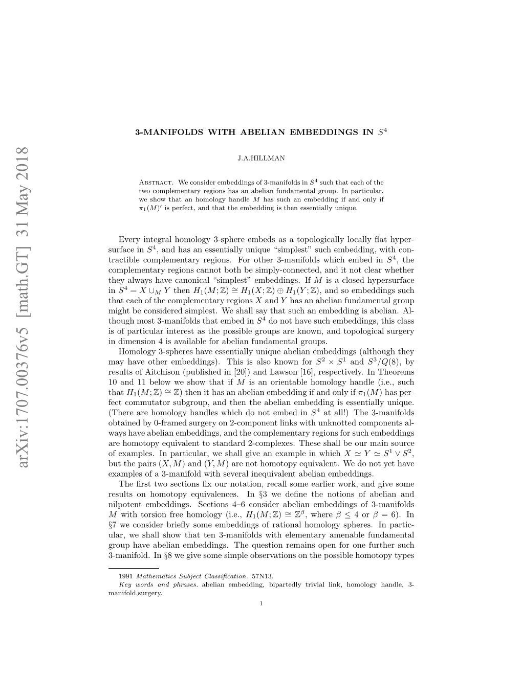 3-Manifolds with Abelian Embeddings in $ S^ 4$