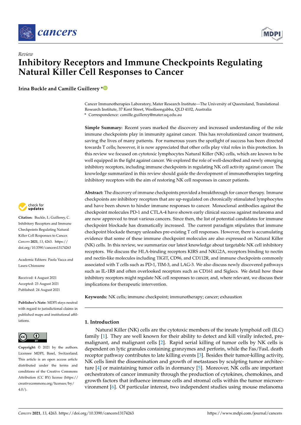 Inhibitory Receptors and Immune Checkpoints Regulating Natural Killer Cell Responses to Cancer