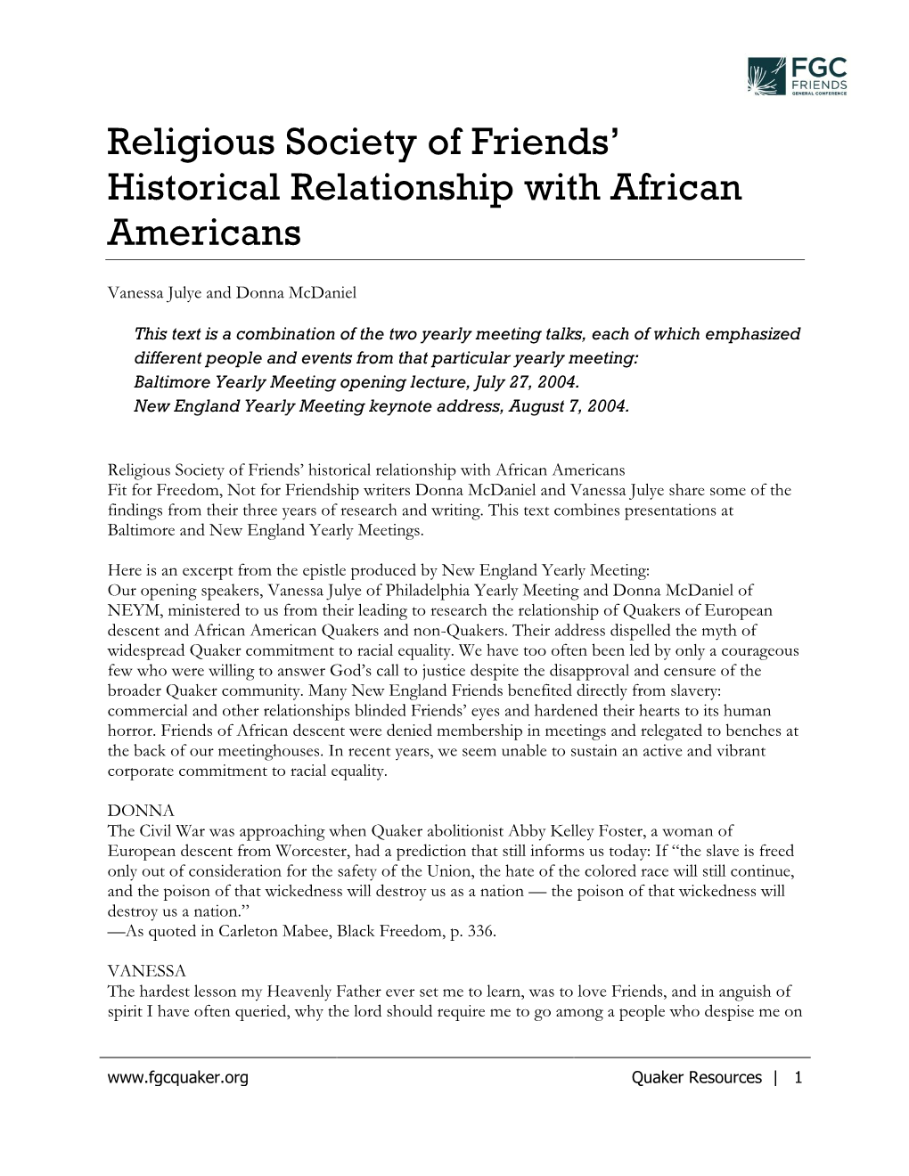 Religious Society of Friends' Historical Relationship with African Americans