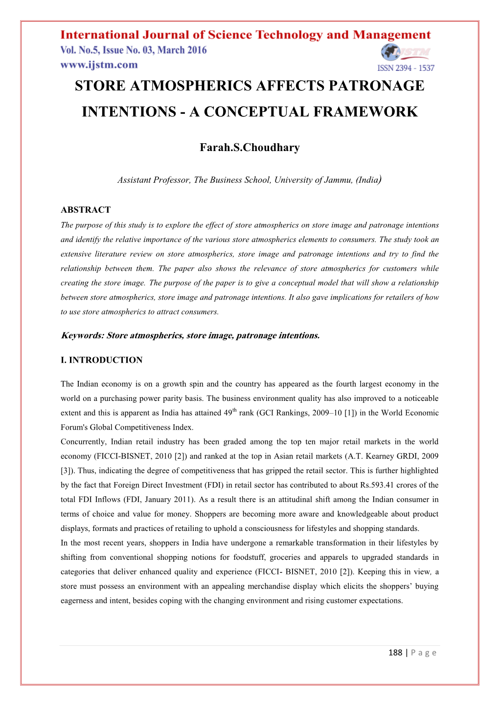 Store Atmospherics Affects Patronage Intentions - a Conceptual Framework