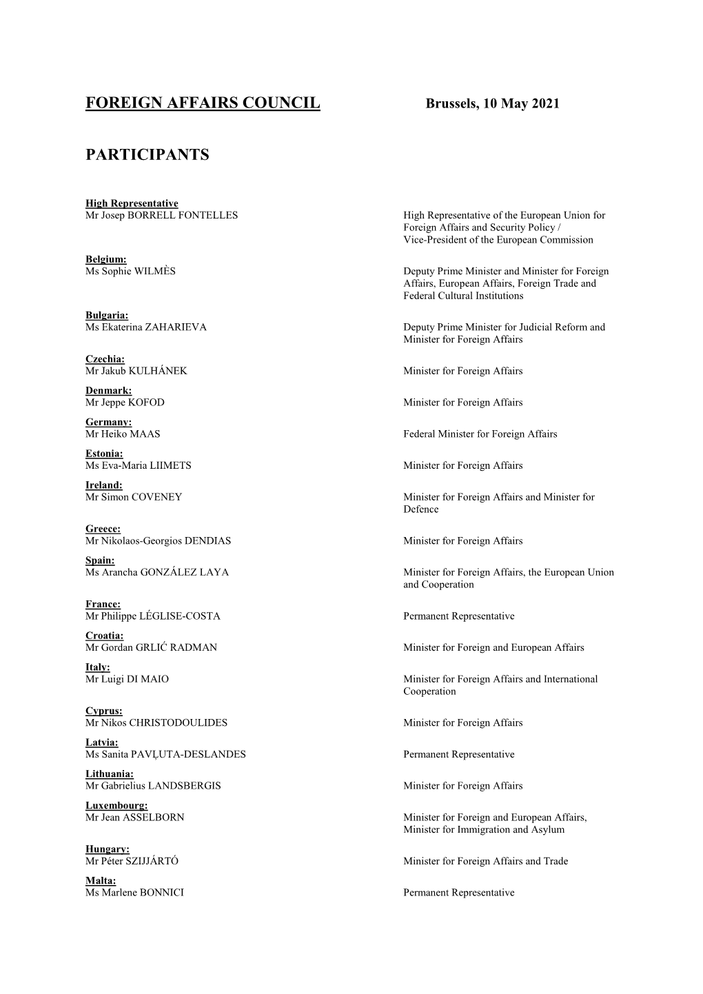 Foreign Affairs Council Participants