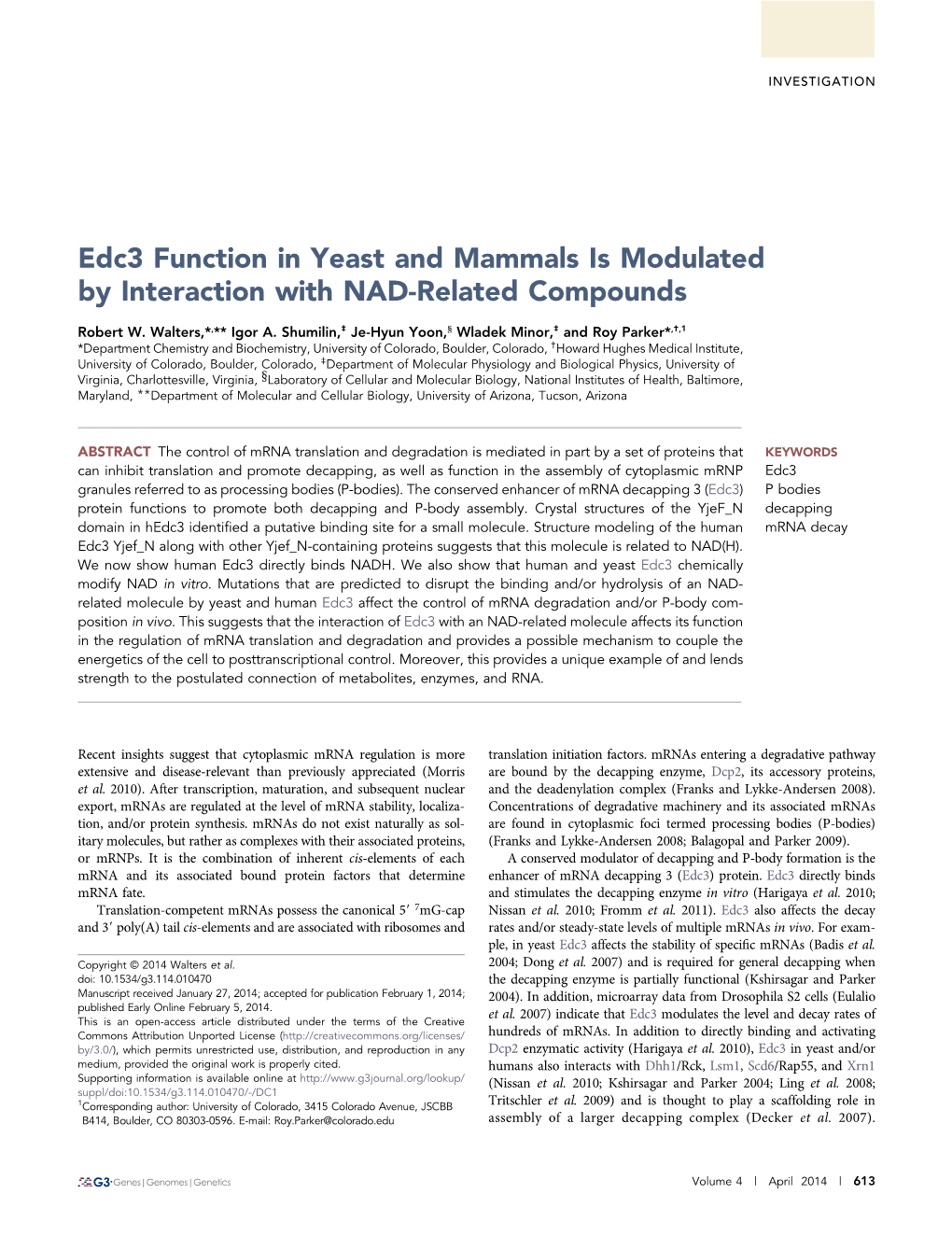 Edc3 Function in Yeast and Mammals Is Modulated by Interaction with NAD-Related Compounds