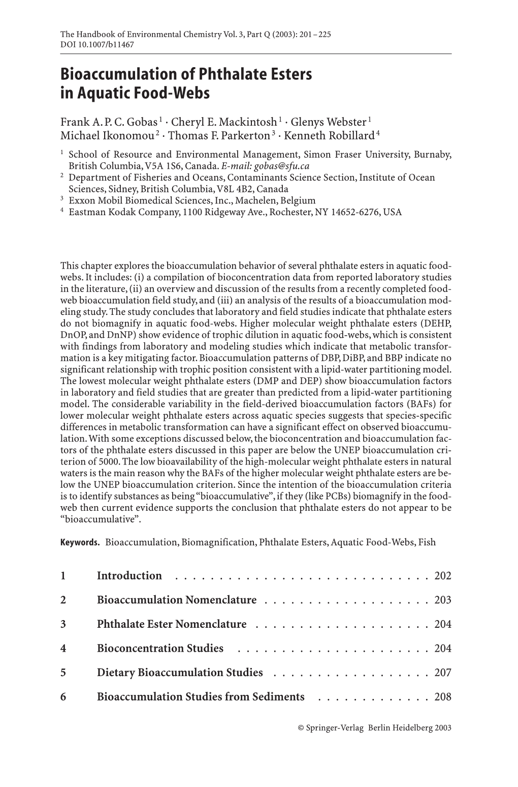 Bioaccumulation of Phthalate Esters in Aquatic Food-Webs