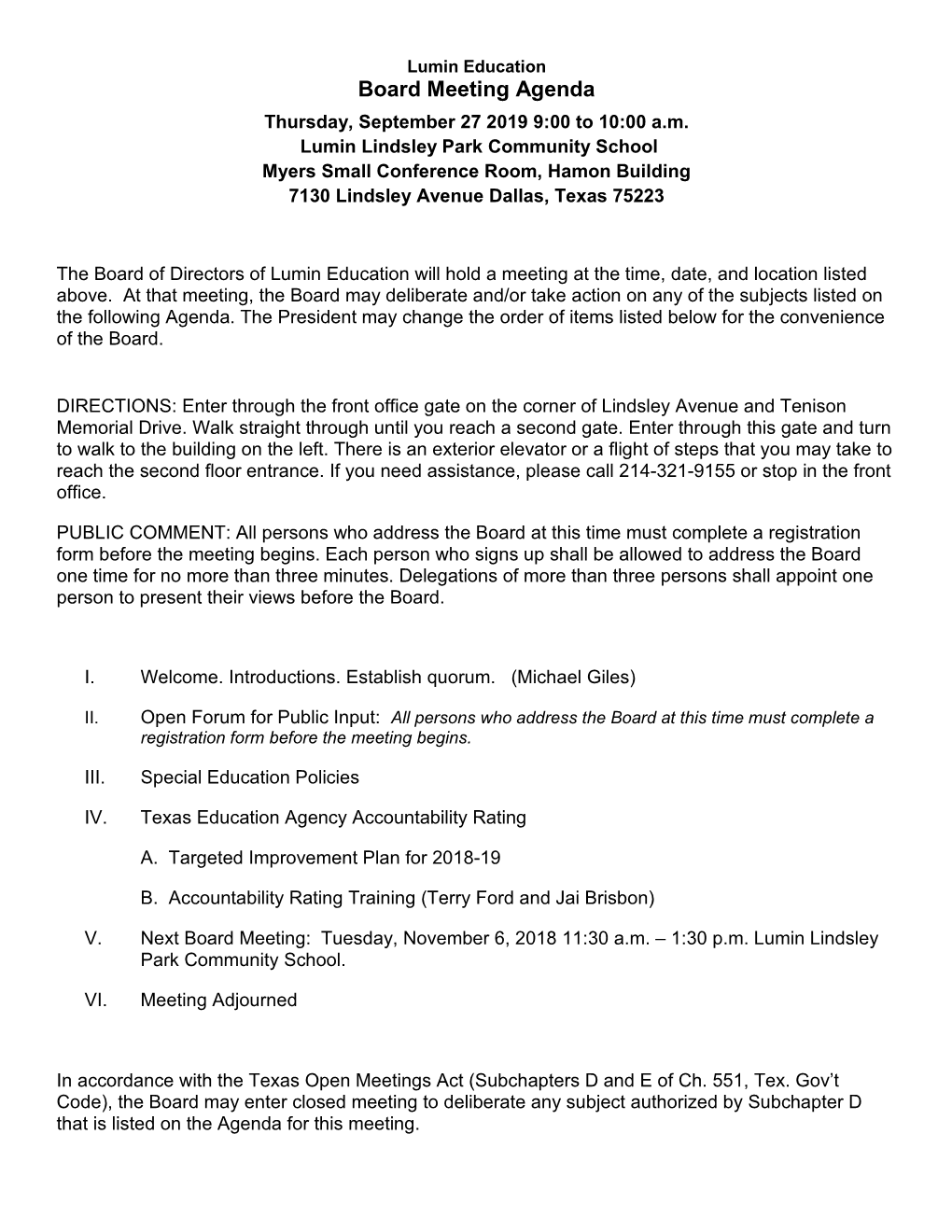 Board Meeting Agenda Thursday, September 27 2019 9:00 to 10:00 A.M