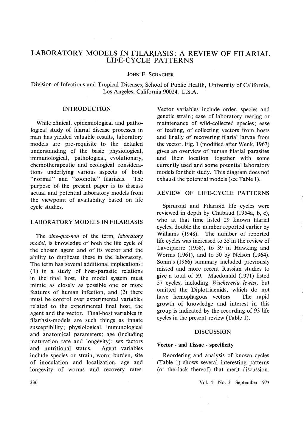 Review. Laboratory Models in Filariasis: a Review of Filarial Life