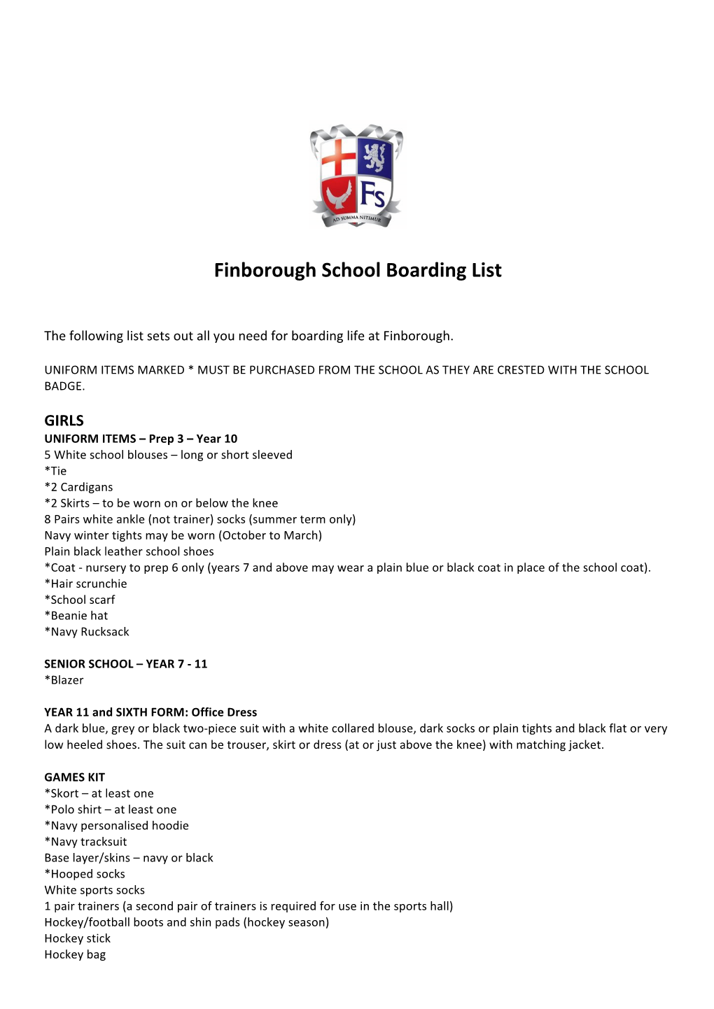 Finborough School Boarding List