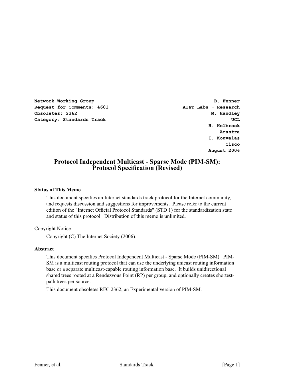 Protocol Independent Multicast - Sparse Mode (PIM-SM): Protocol Speciﬁcation (Revised)