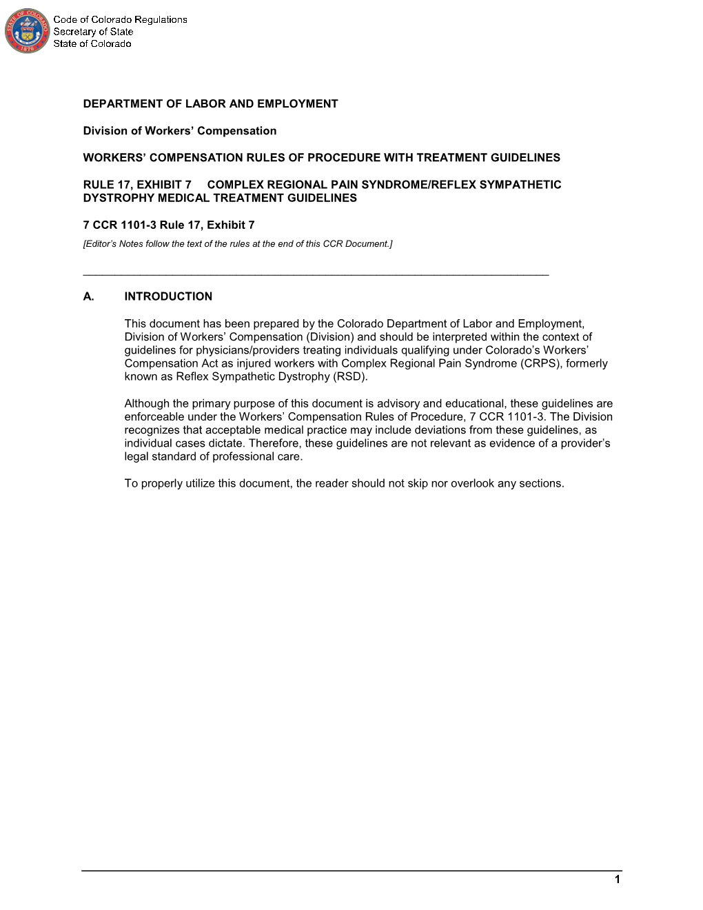 CODE of COLORADO REGULATIONS 7 CCR 1101-3 Rule 17 Exhibit 7 Division of Workers’ Compensation