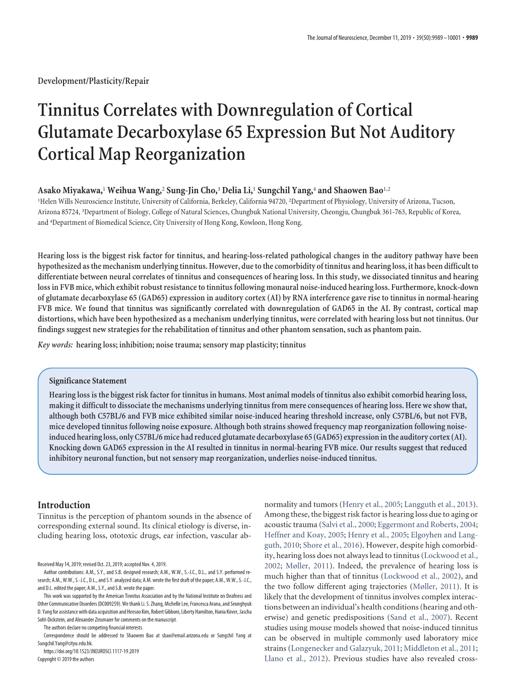 Tinnitus Correlates with Downregulation of Cortical Glutamate Decarboxylase 65 Expression but Not Auditory Cortical Map Reorganization
