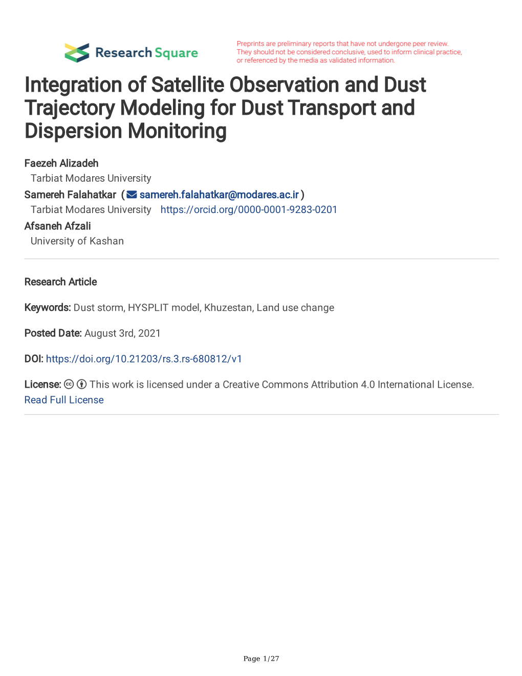 Integration of Satellite Observation and Dust Trajectory Modeling for Dust Transport and Dispersion Monitoring