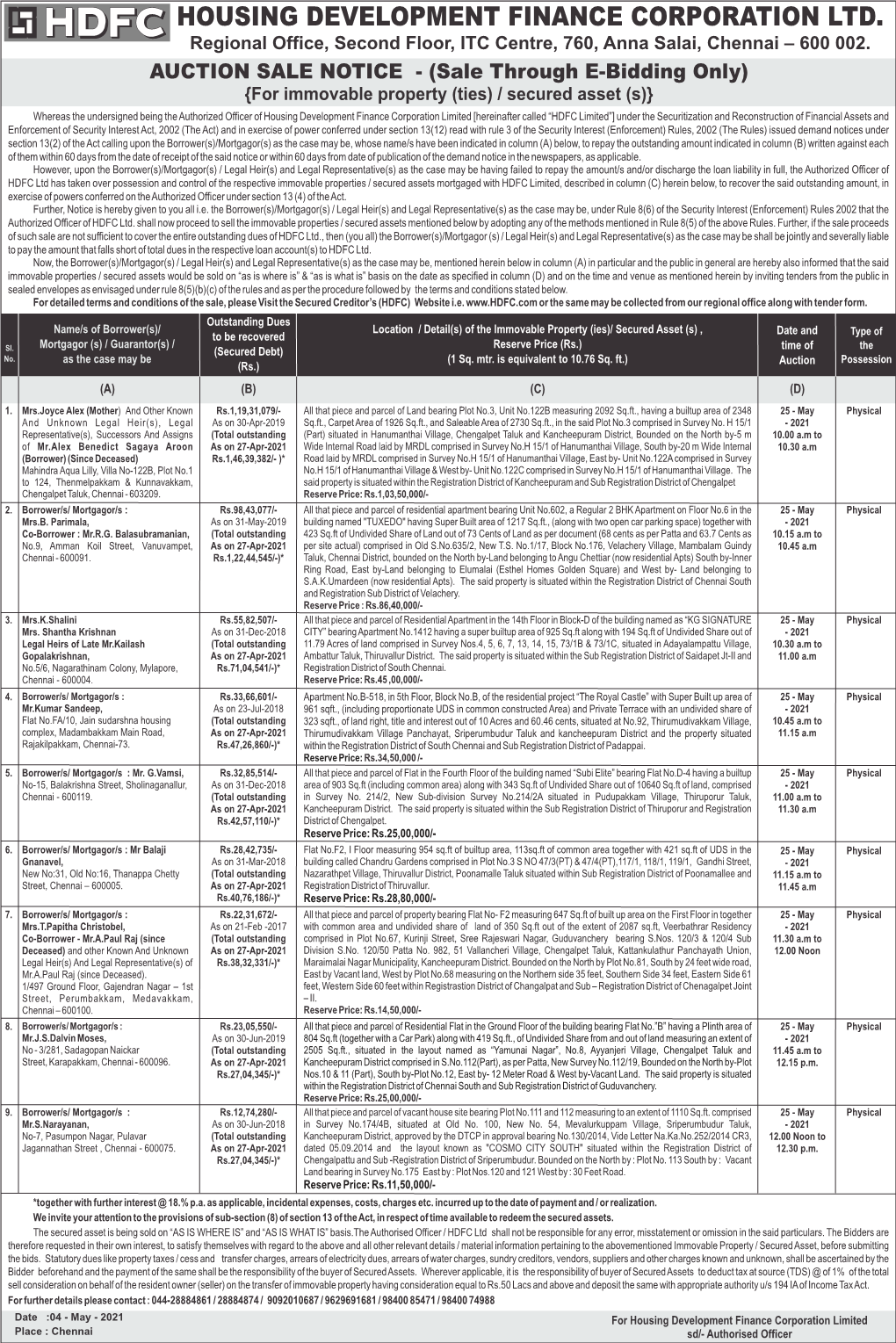 HOUSING DEVELOPMENT FINANCE CORPORATION LTD. Regional Office, Second Floor, ITC Centre, 760, Anna Salai, Chennai – 600 002