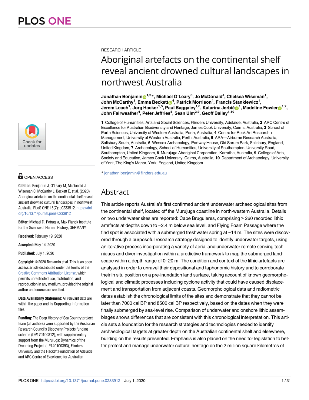 Aboriginal Artefacts on the Continental Shelf Reveal Ancient Drowned Cultural Landscapes in Northwest Australia