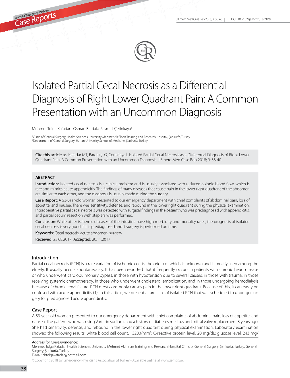 Isolated Partial Cecal Necrosis As a Differential Diagnosis of Right Lower Quadrant Pain: a Common Presentation with an Uncommon Diagnosis